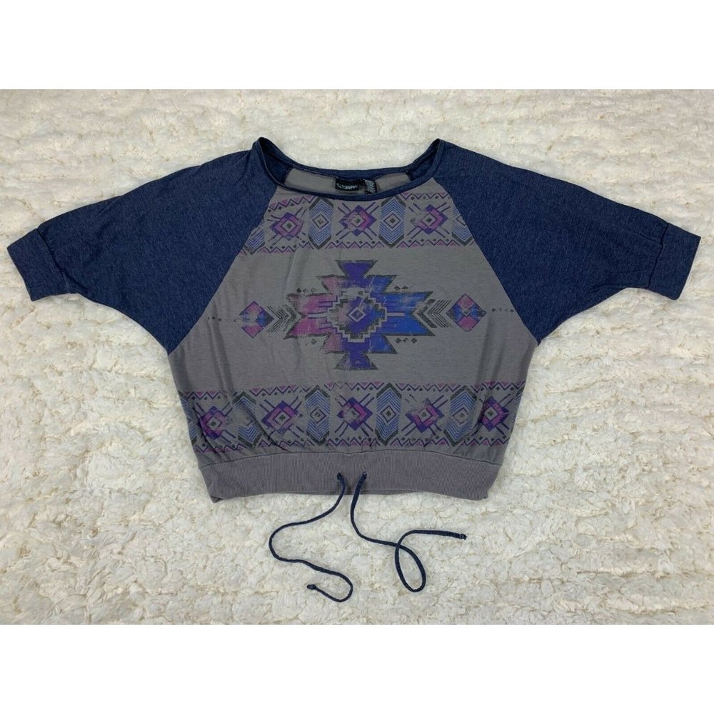 DayTrip Womens XL Aztec Boho 90s Short Sleeve Cotton Top Drawstrings Breathable